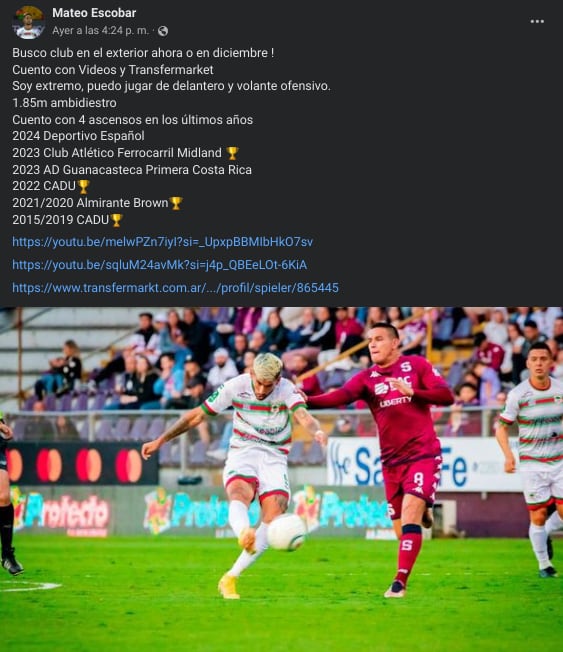 Mateo Escobar de esta forma publicó que está buscando nuevo club para seguir su carrera. Foto: Captura de pantalla.