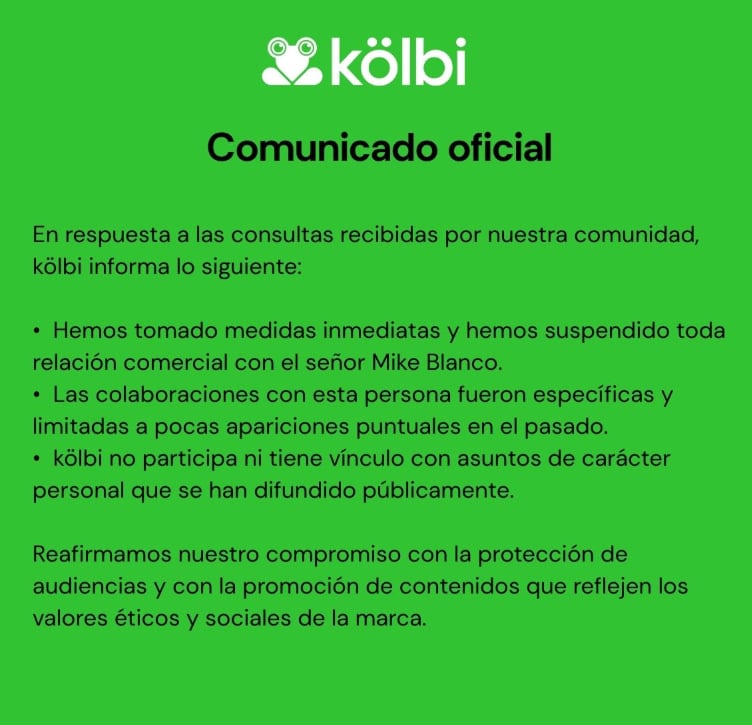 Kölbi fue otra marca que quitó su publicidad de sus redes de Mike Blanco.
