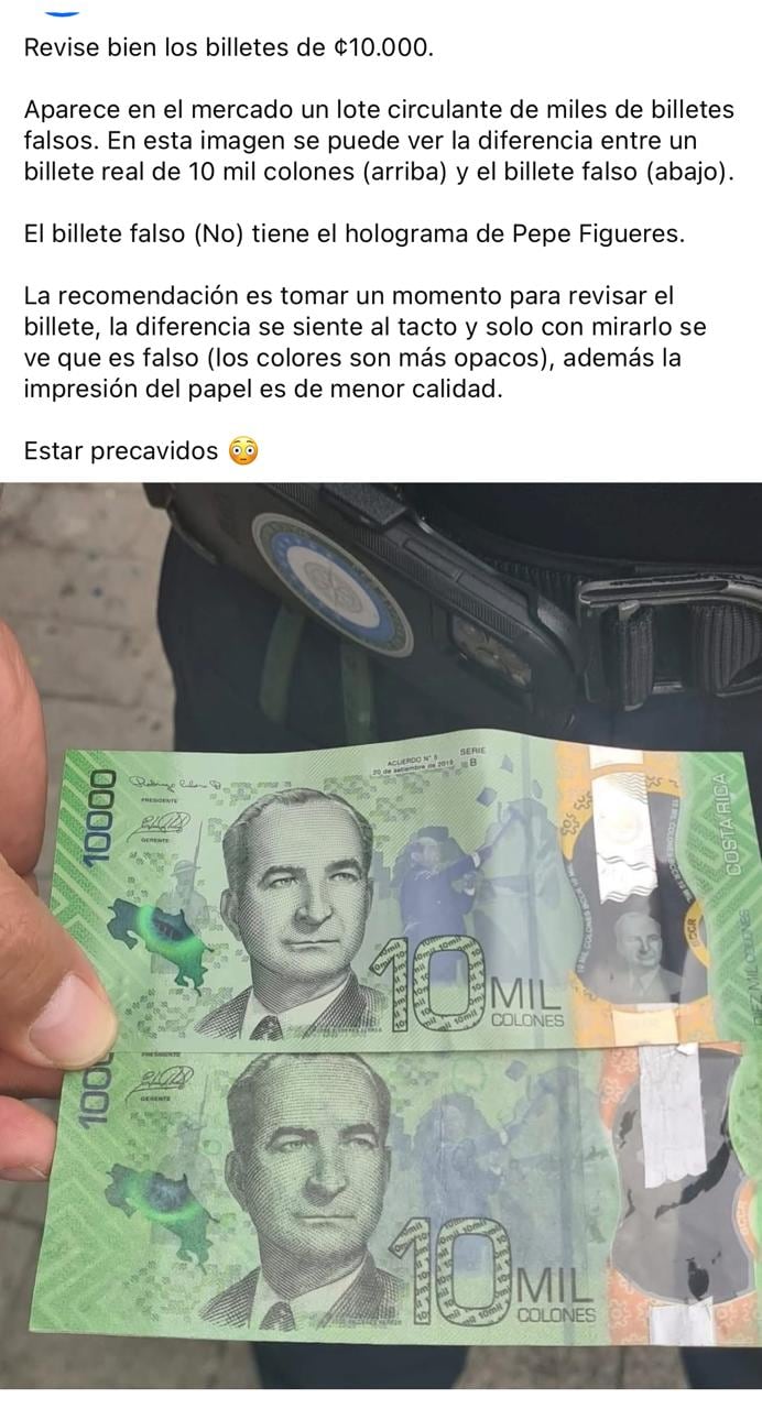 Alerta en redes sociales sobre supuesta falsificación masiva de billetes de 10 mil colones