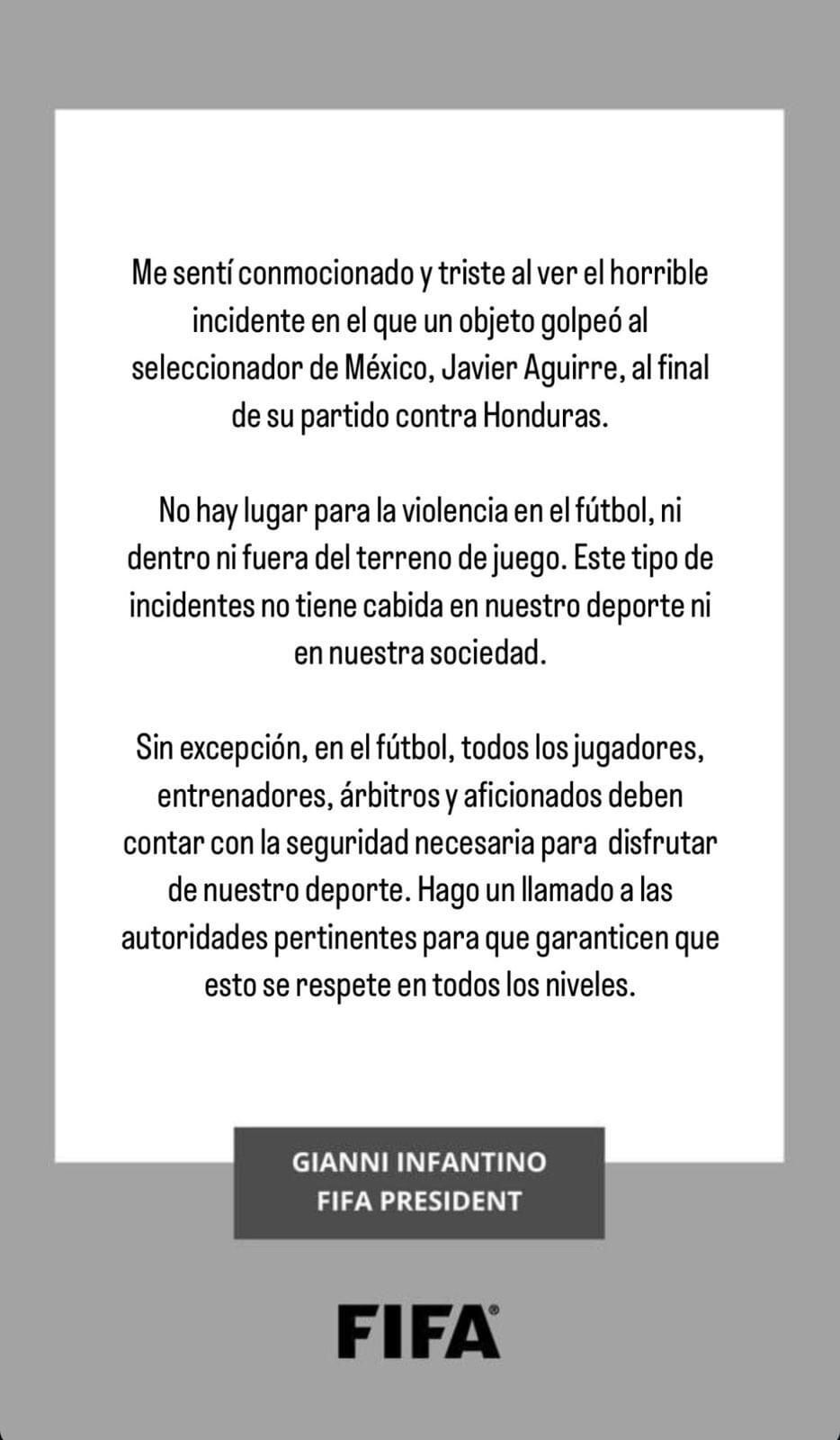 Gianni Infantino reprochó la agresión que sufrió Javier Aguirre en México.