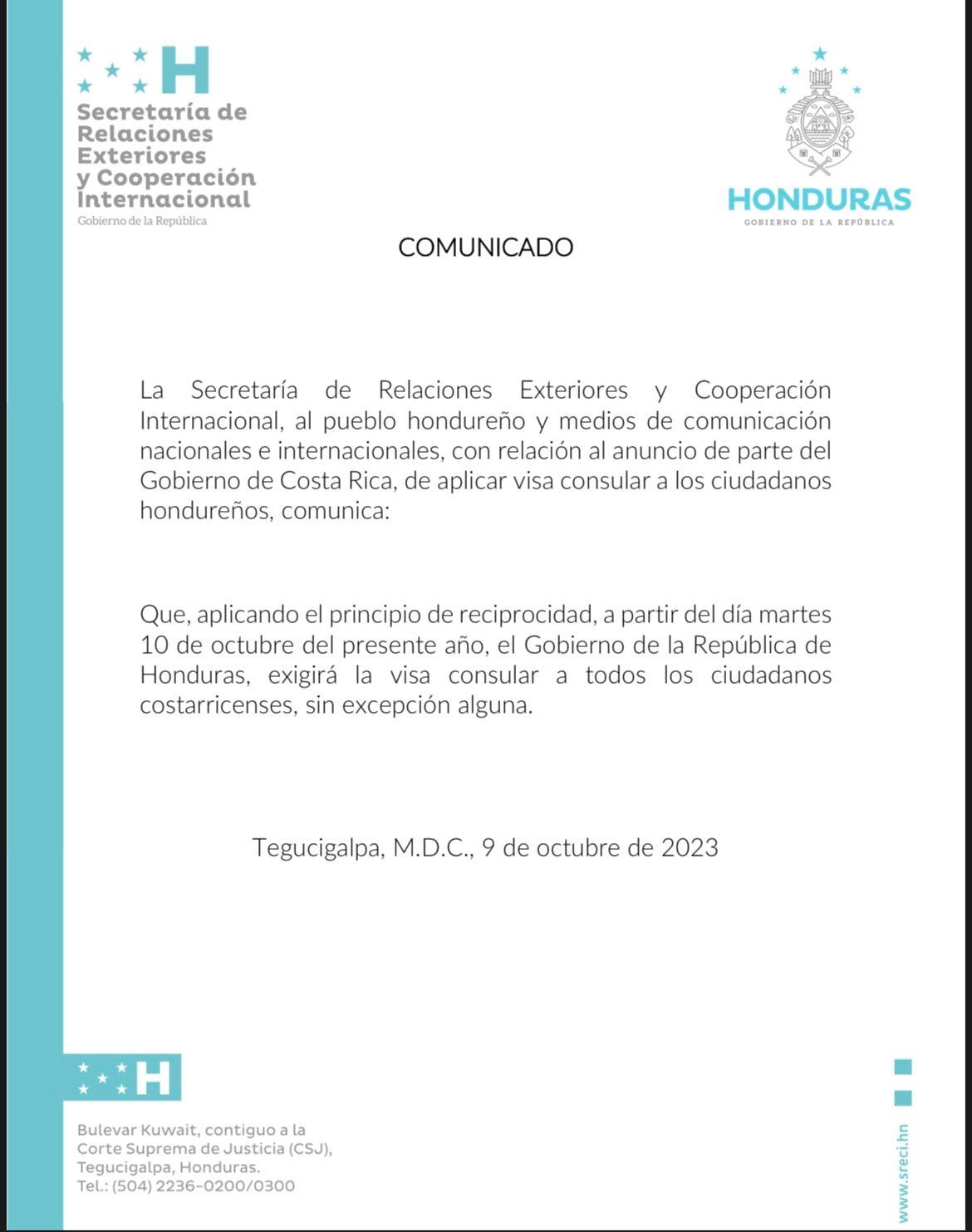 Hondurás pedirá visa a ticos.