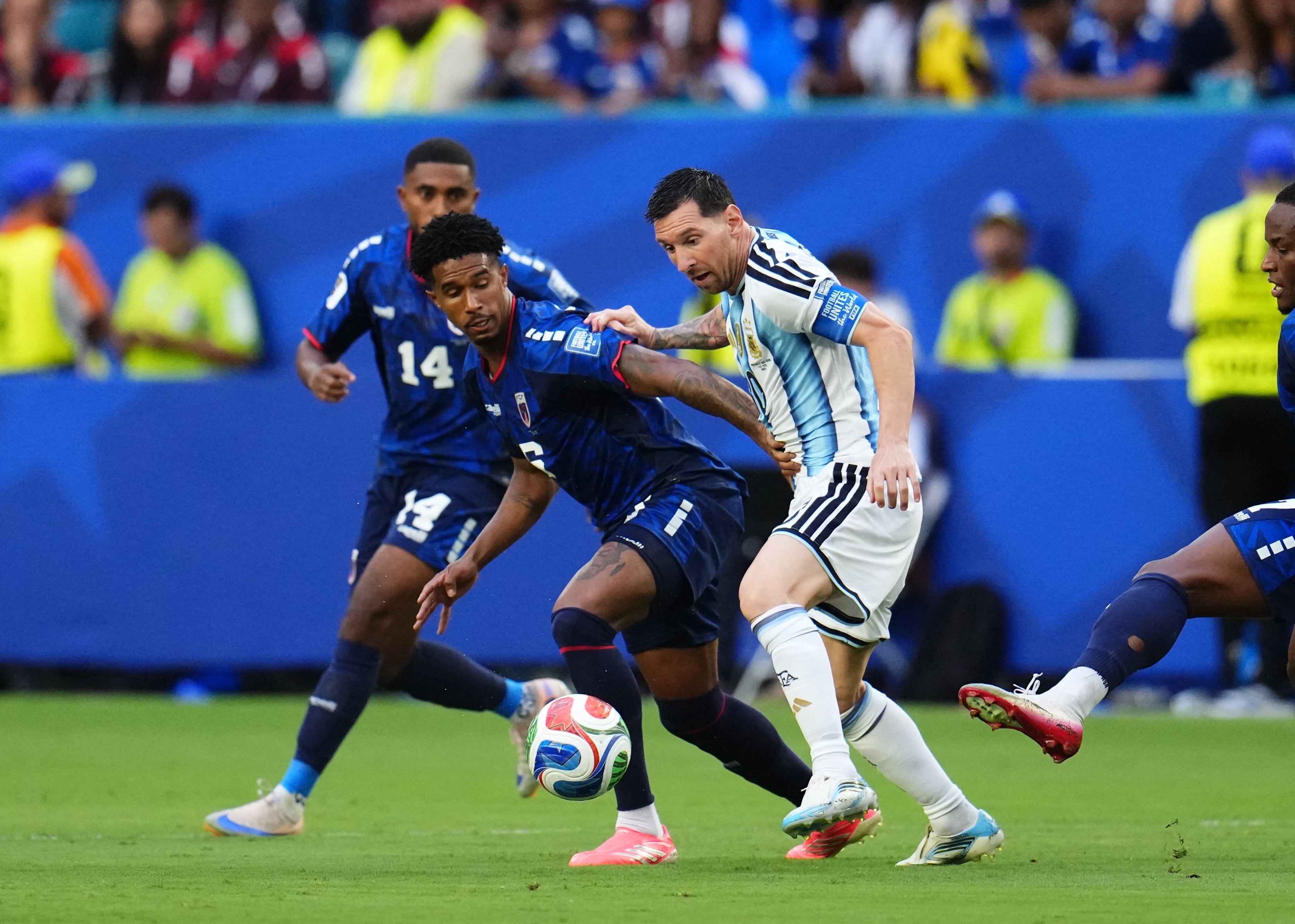 FLORIDA, USA - JULY 03: Lionel Messi of Argentina and Kevin Pina of Cabo Verde compete for the ball during the 2026 FIFA World Cup Round of 32 match between Argentina and Cape Verde at the Hard Rock Stadium (Miami Stadium) in Miami Gardens, Florida, United States on July 03, 2026. Jose Hernandez / Anadolu (Photo by Jose HERNANDEZ / Anadolu via AFP)