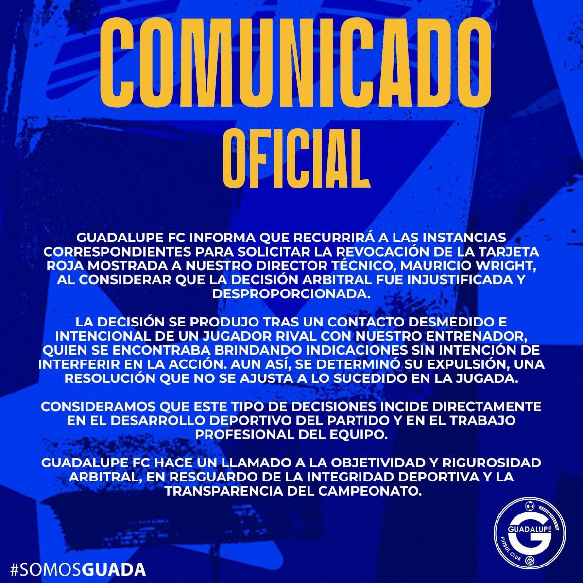 Guadalupe FC reclamó por la expulsión de Mauricio Wright ante Sporting.