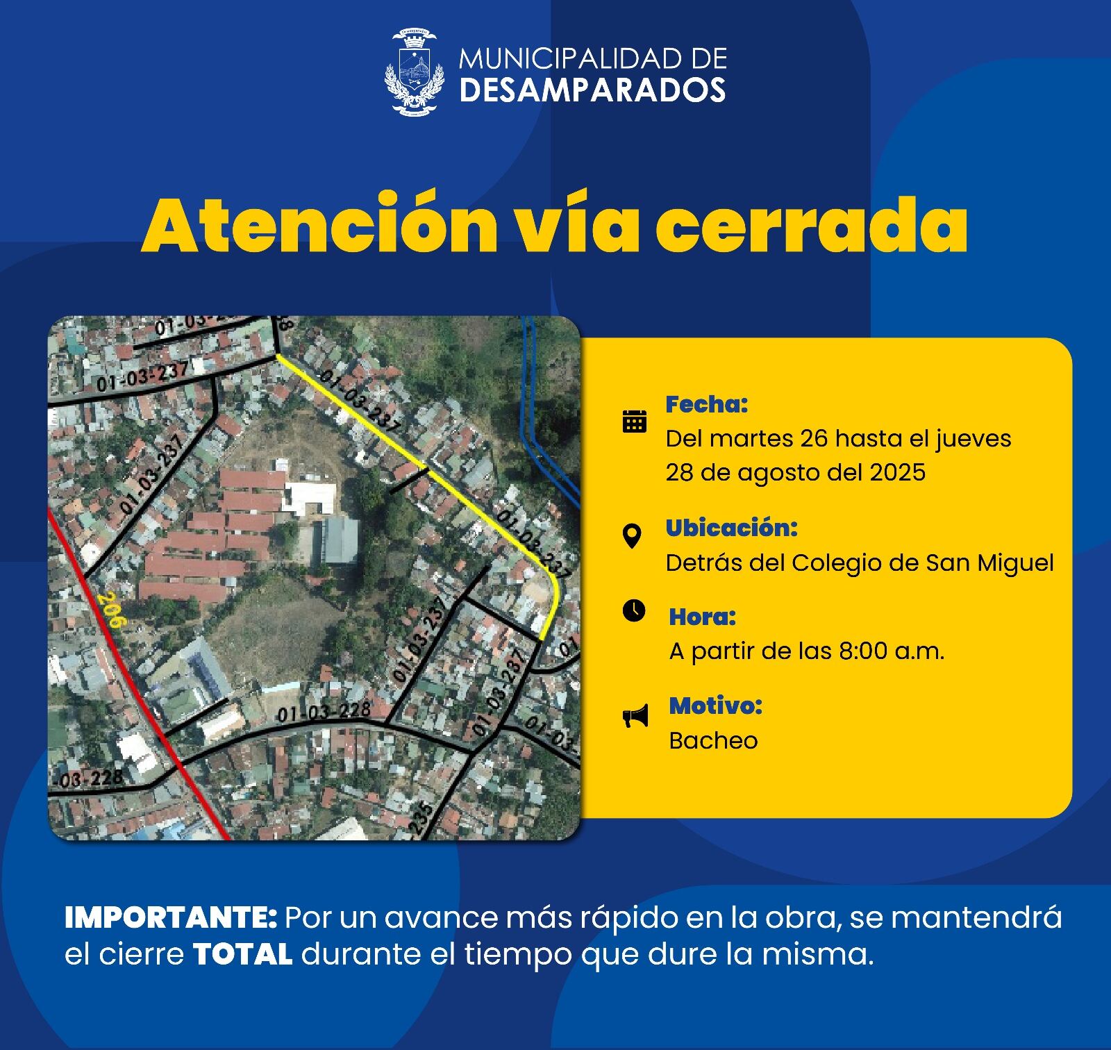 La Municipalidad de Desamparados anunció que cerrará una importante vía entre el martes 26 y jueves 28 de agosto por trabajos de bacheo.