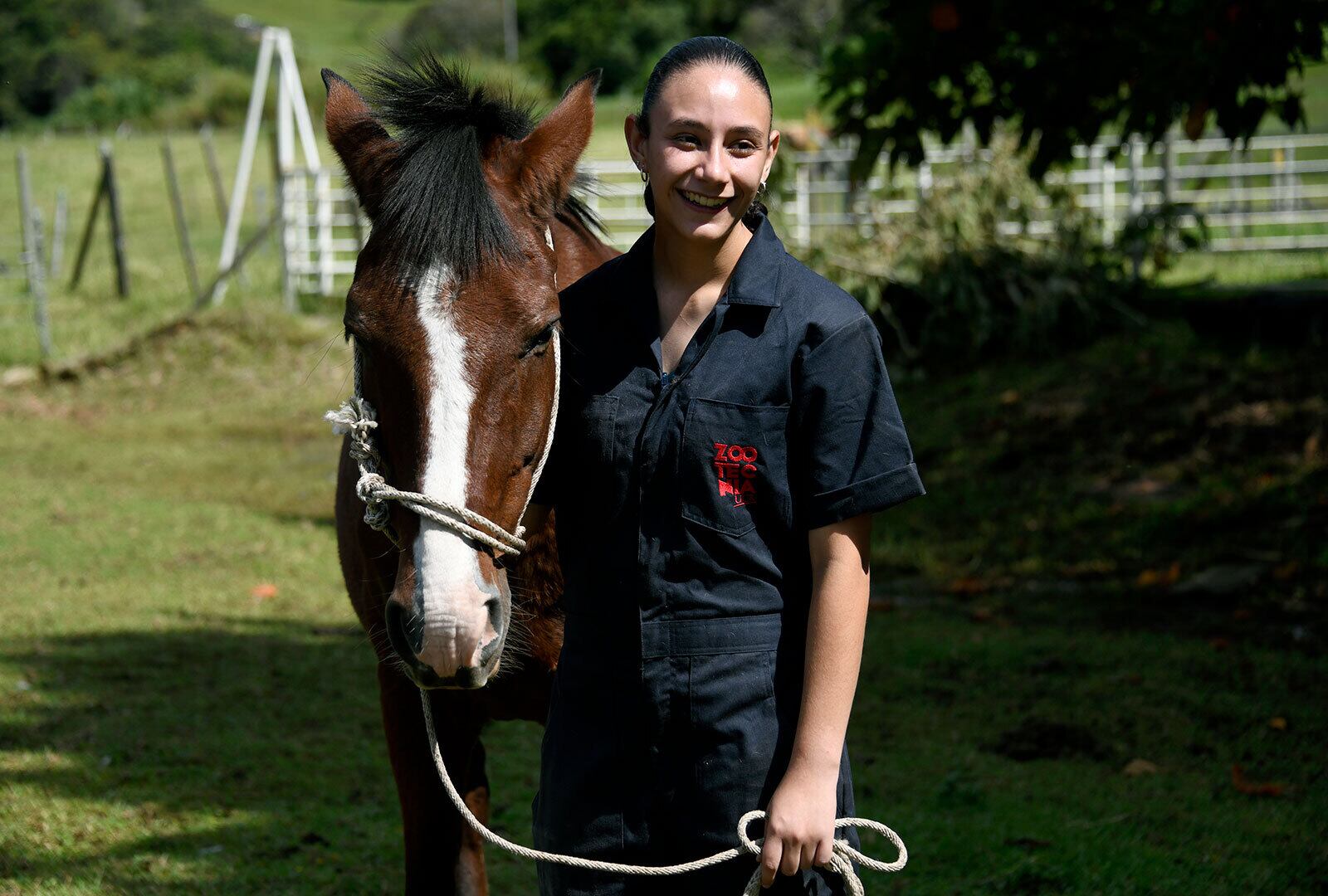 Natalia Rodríguez, estudiante de primer año de Zootecnia, trabaja a gusto con Chirulo durante las prácticas. “Para mí las giras han sido de mucha ayuda para familiarizarme un poco más con la Zootecnia, ya que soy de San José y no he tenido gran contacto con animales”.