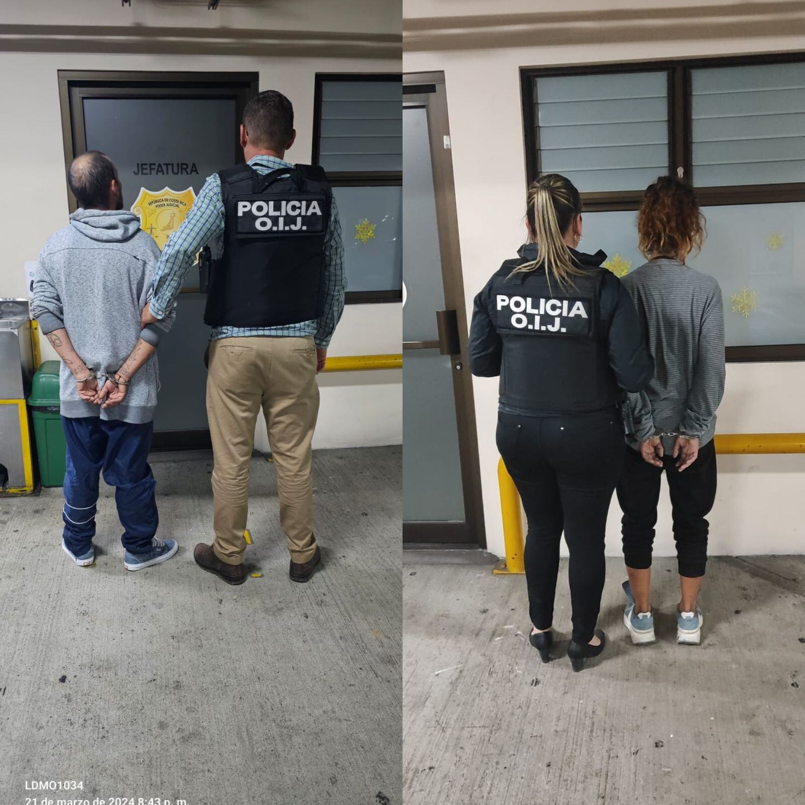 Un hombre de apellido Baglio, de 31 años y una mujer de apellido Brenes, de 28 años, sospechosos de matar a un hombre de apellido Martínez de 42 años en El Alto de Guadalupe, Goicoechea. Foto: OIJ