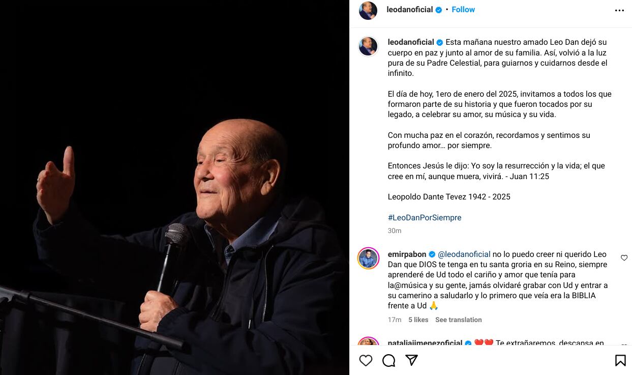 El cantante argentino Leo Dan murió este miércoles 1 de enero a los 82 años, confirmó su familia a través de un comunicado de prensa que compartió en las redes del artista.