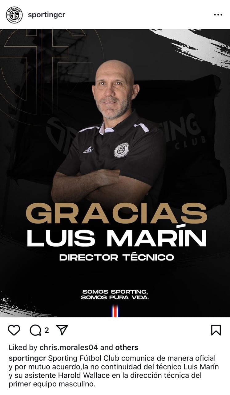 Spoting F.C. anunció que Luis Marín no continuará como director técnico del equipo tras un mal rendimiento en el torneo.