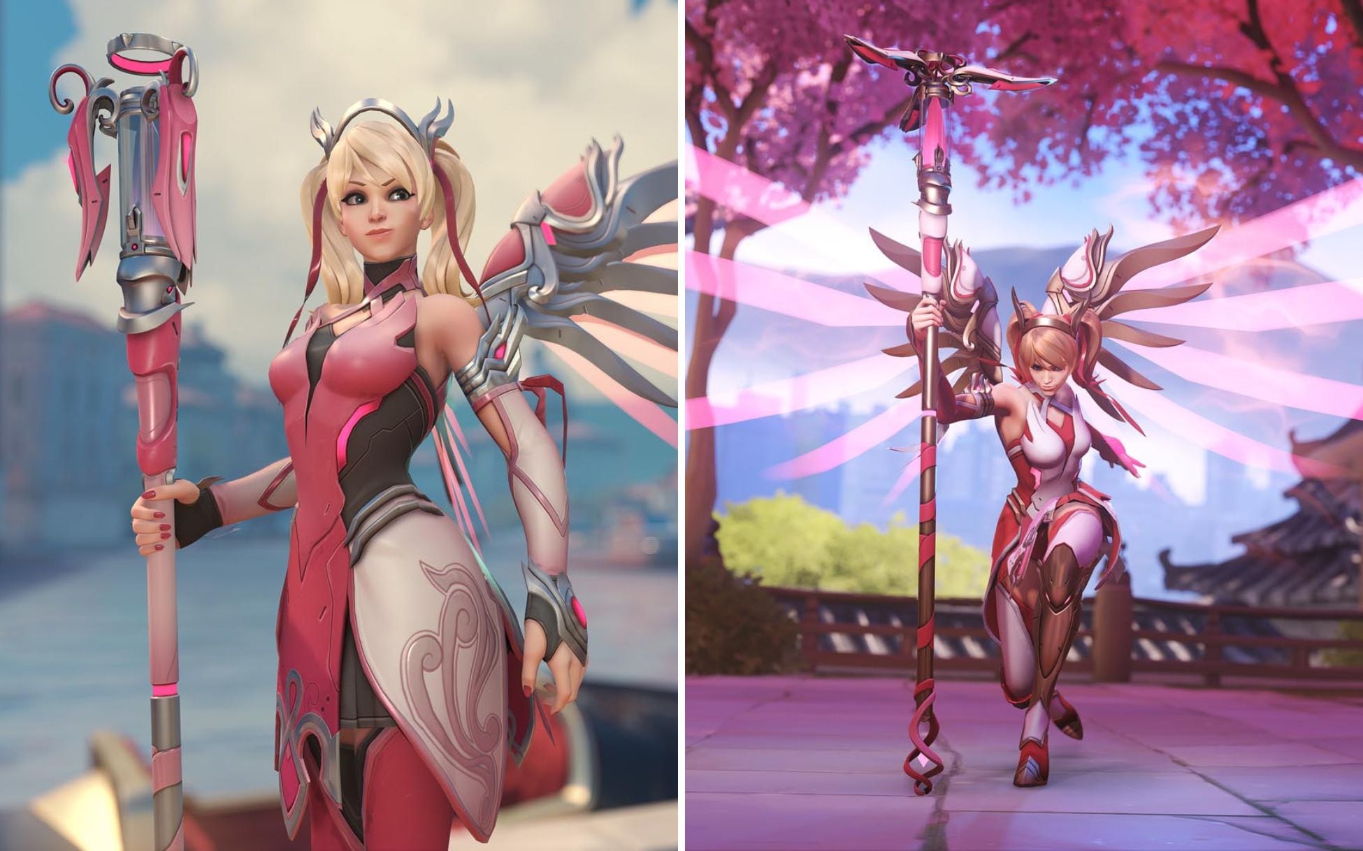A la izquierda el traje Pink Mercy y a la derecha el paquete Rose Gold Mercy. Foto: Xbox Wire.