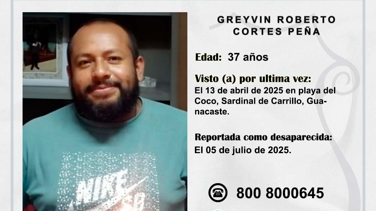 Greyvin Roberto Cortés Peña, de 37 años, se le perdió el rastro en playas del Coco en Sardinal, Guanacaste. Foto: OIJ