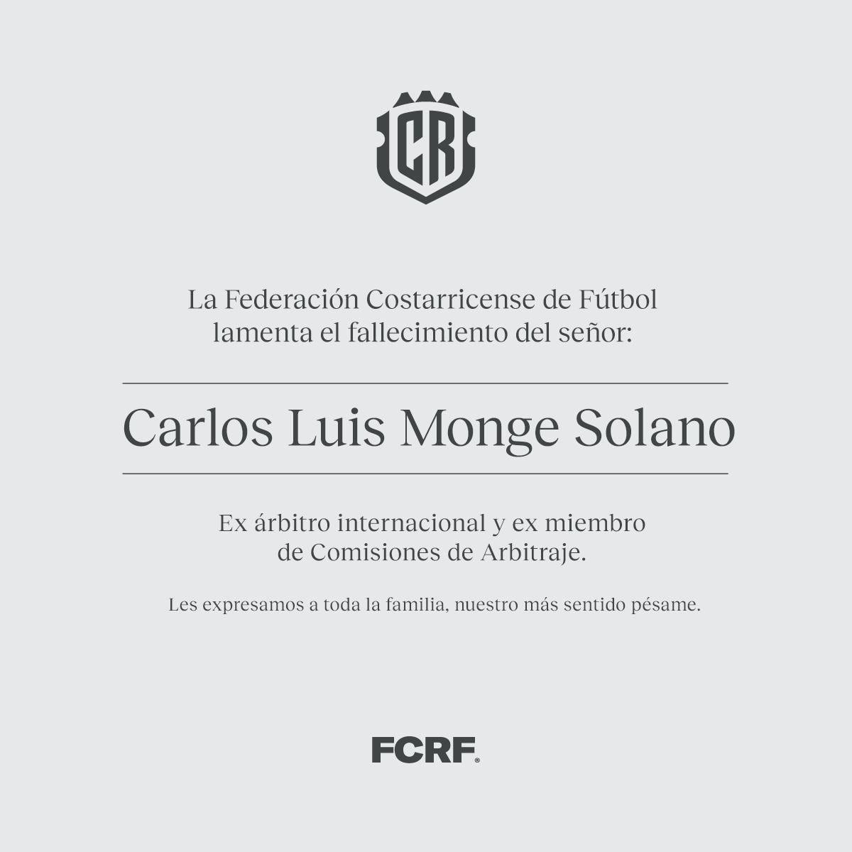 Este domingo falleció el exárbitro Carlos Luis Monge Solano, a los 92 años. Prensa FCRF.