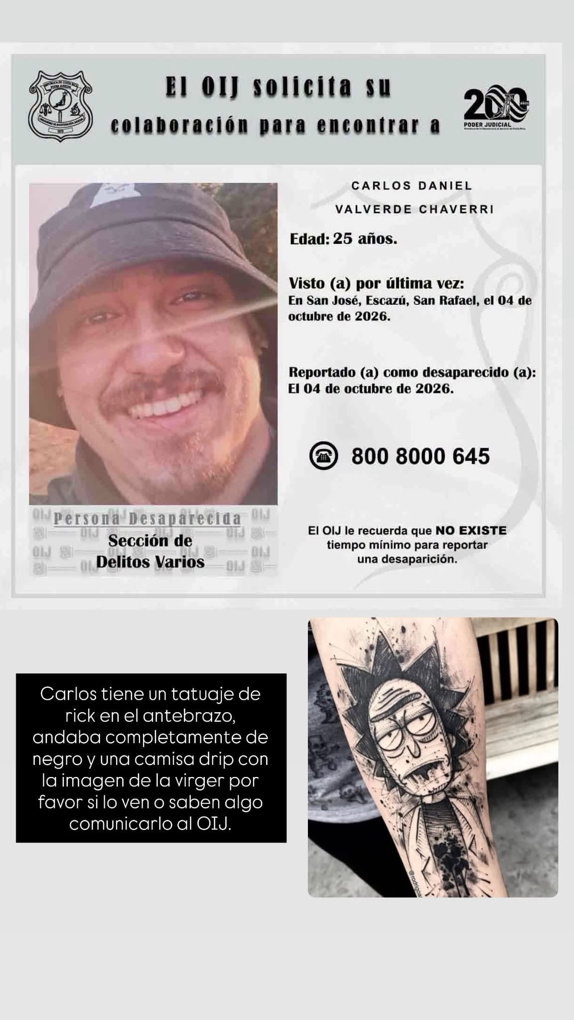 Carlos Valverde Chaverri, de 25 años, está desaparecido desde la madrugada del domingo 4 de octubre 2026. Foto: Tomada de redes sociales