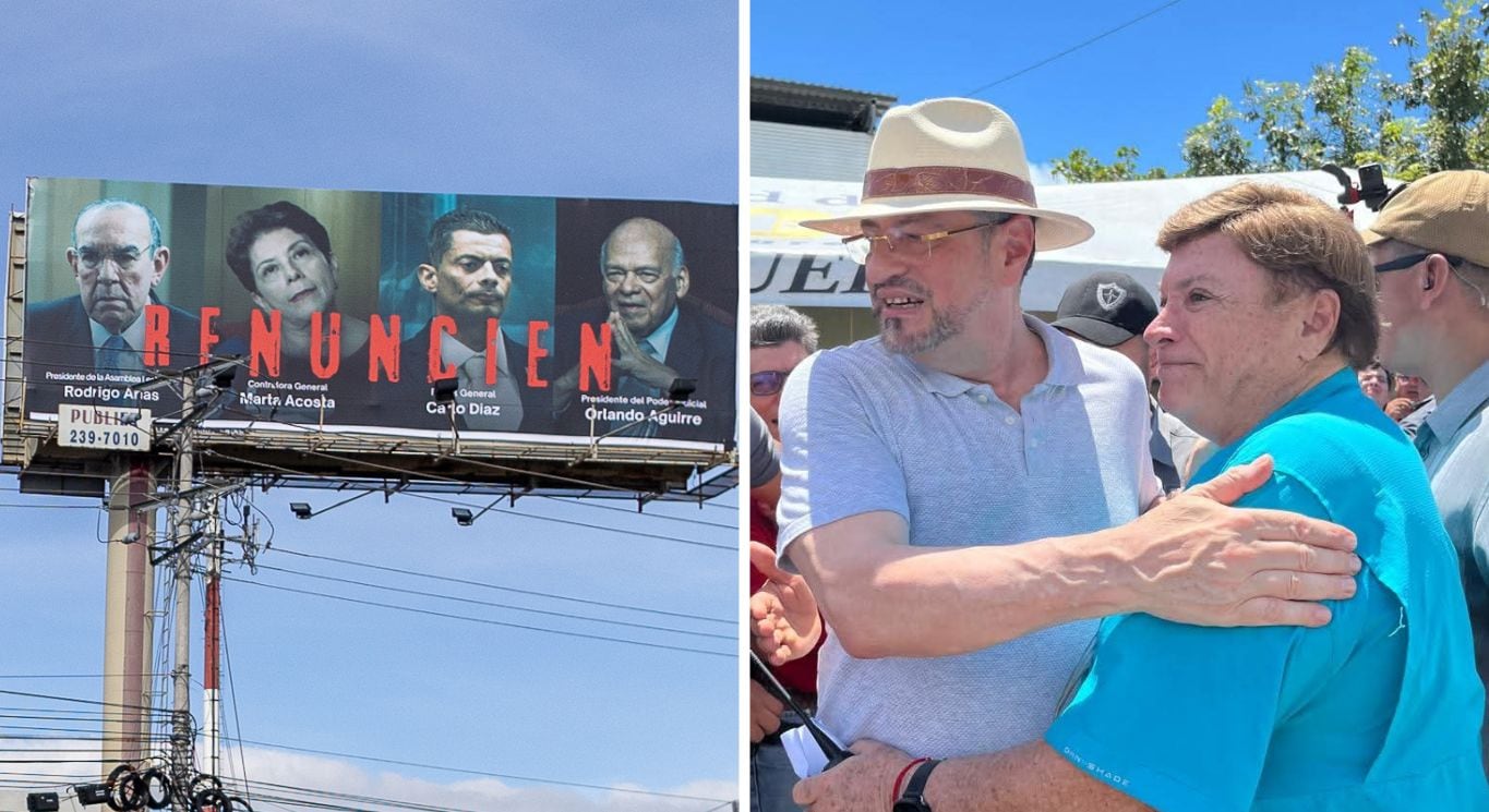 En la imagen, una de las vallas publicitarias pagadas por Boris Marchegiani. A la derecha, el empresario se abraza con el presidente Rodrigo Chaves.