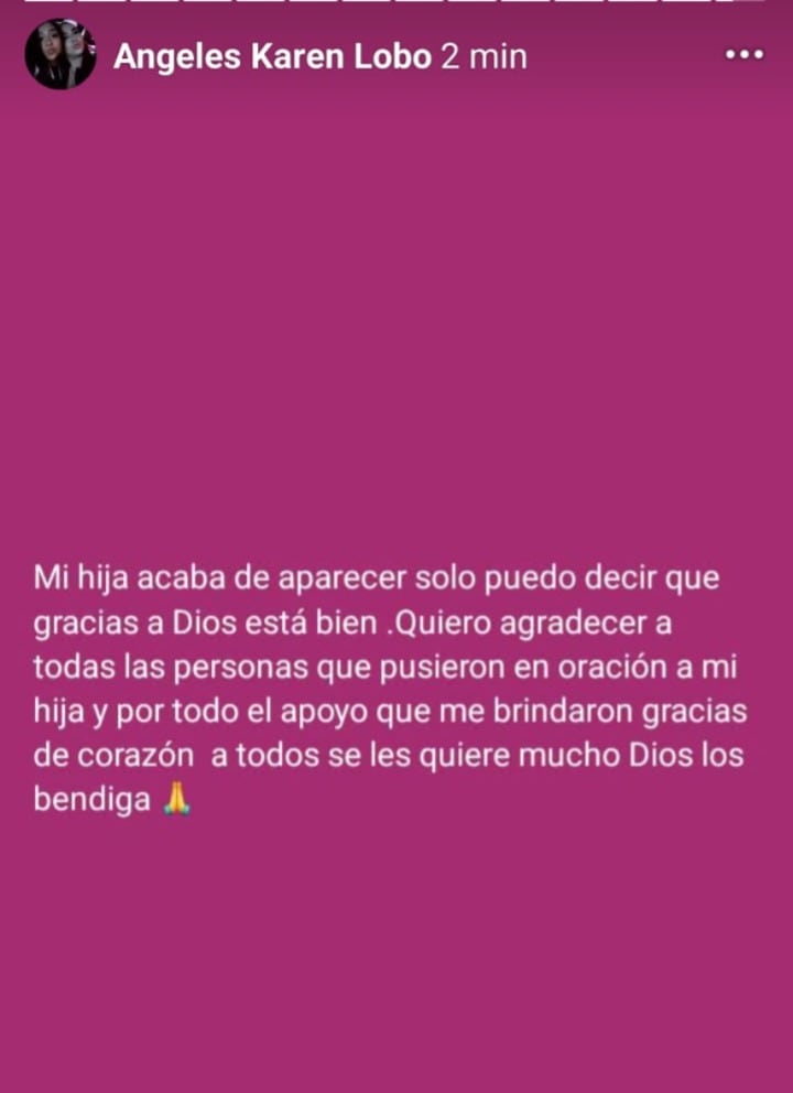 La modelo explicó que la menor regresó tras alarmarse por la difusión de la noticia.