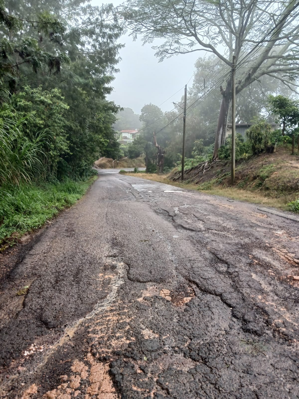 Choferes de bus de la ruta San José - Bustamante de Desamparados deben hacer una maniobra muy cuidadosa al momento de pasar por este hundimiento.