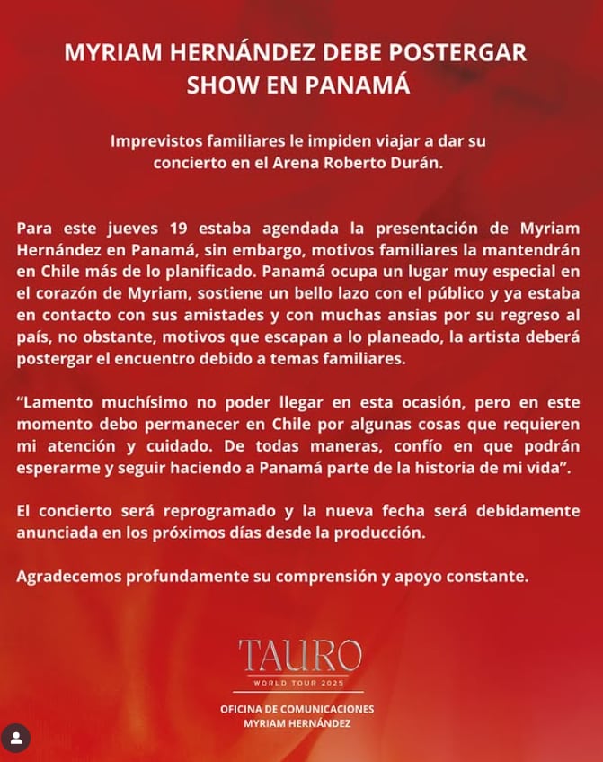 Myriam Hernández tuvo que alterar su agenda en las últimas horas debido a la situación que enfrenta