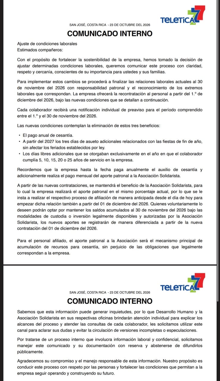 Televisora de Costa Rica envió este comunicado a sus colaboradores con sus nuevas reglas a partir del 1 de diciembre de 2026.