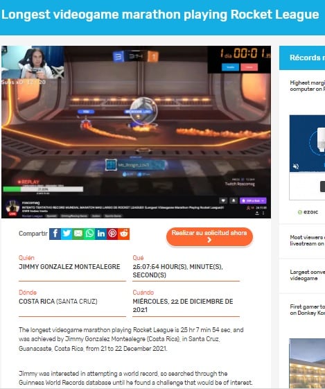 Jimmy González Montealegre tiene 21 años y es de Santa Bárbara de Santa Cruz, Guanacaste.  El 22 de diciembre del 2021 logró un Récord Guinness al jugar durante 25 horas, 7 minutos y 54 segundos el videojuego Rocket League