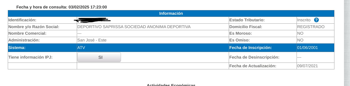 Saprissa ya está al día con el Ministerio de Hacienda. Captura de pantalla.