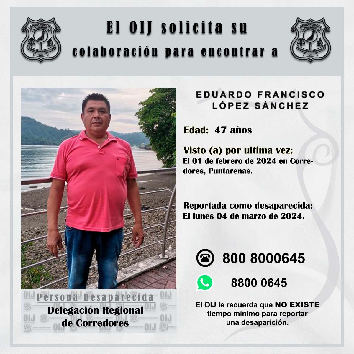 Eduardo Francisco López Sánchez, de 47 años, fue visto por última vez el 1 de febrero del 2024. Foto: OIJ