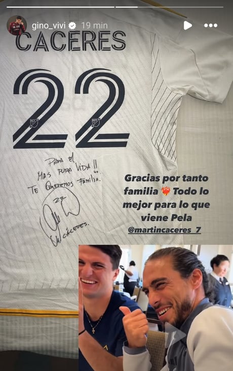 El regalo que recibió Gino Vivi de Martín Cáceres, jugador de Los Angeles Galaxy. Instagram.