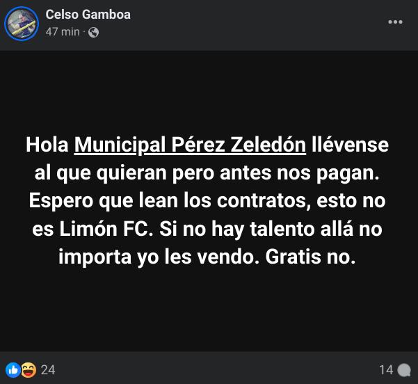 Celso Gamboa fue directo hacia Horacio Esquivel y el Municipal Pérez Zeledón por una cuestionada acción. Foto: Captura de pantalla.