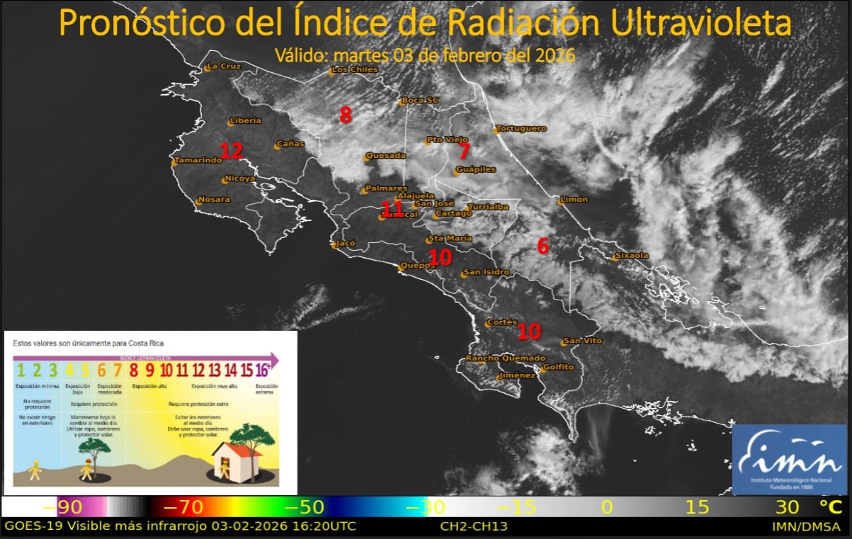 Así se ve Costa Rica desde una imagen de satélite, observamos al país partido en dos: un lado con nubes y otro despejado, donde hay nubes es donde se percibe el frío, el 3 de febrero del 2026. Foto: IMN