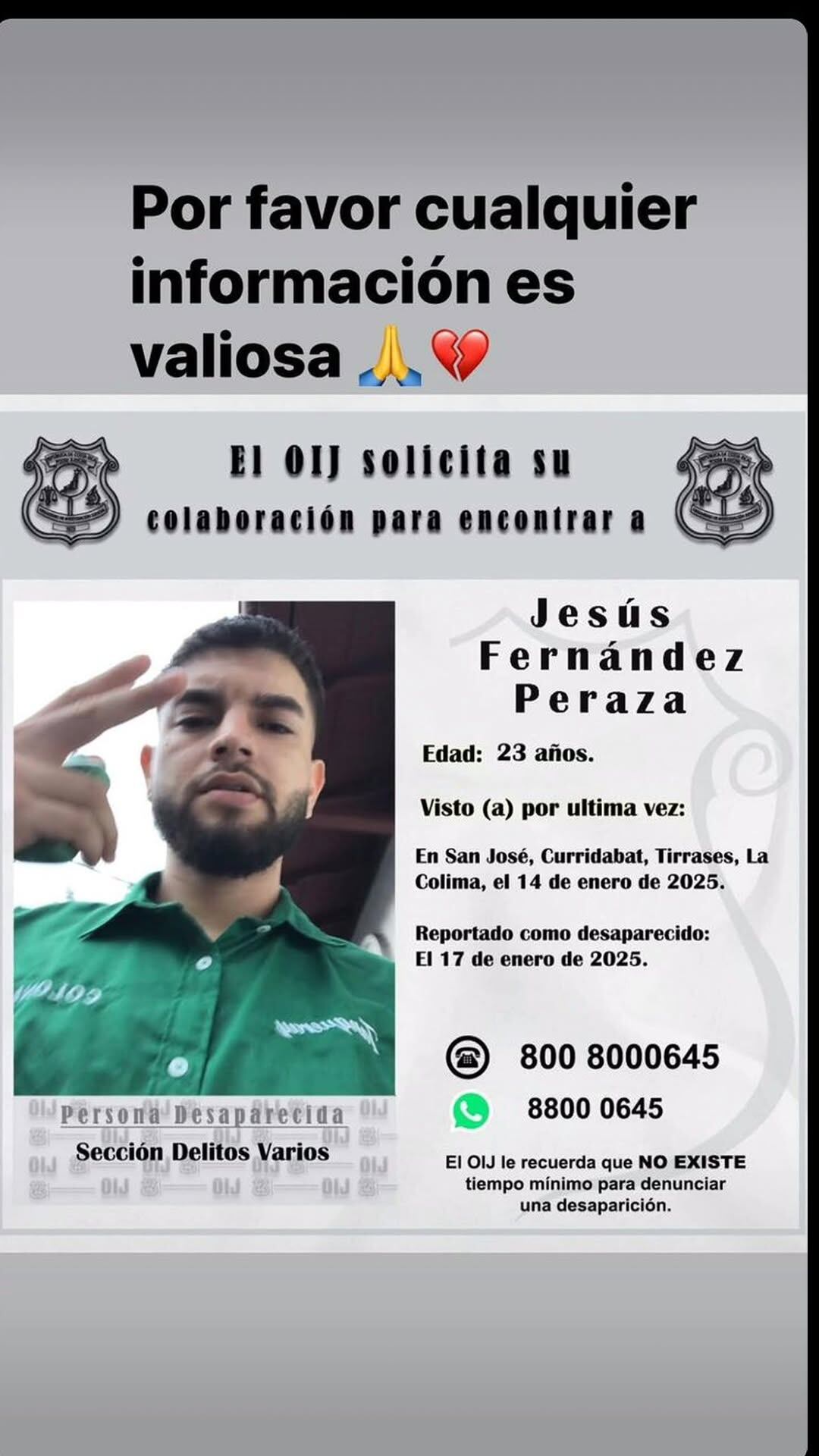 Vivian Peraza hizo público el viernes que su sobrino está desaparecido.