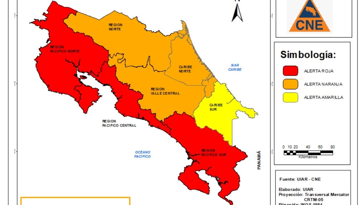 Alerta Roja para el Pacífico de Costa Rica debido a los fuertes aguaceros por el temporal de este noviembre 2024. Foto: CNE
