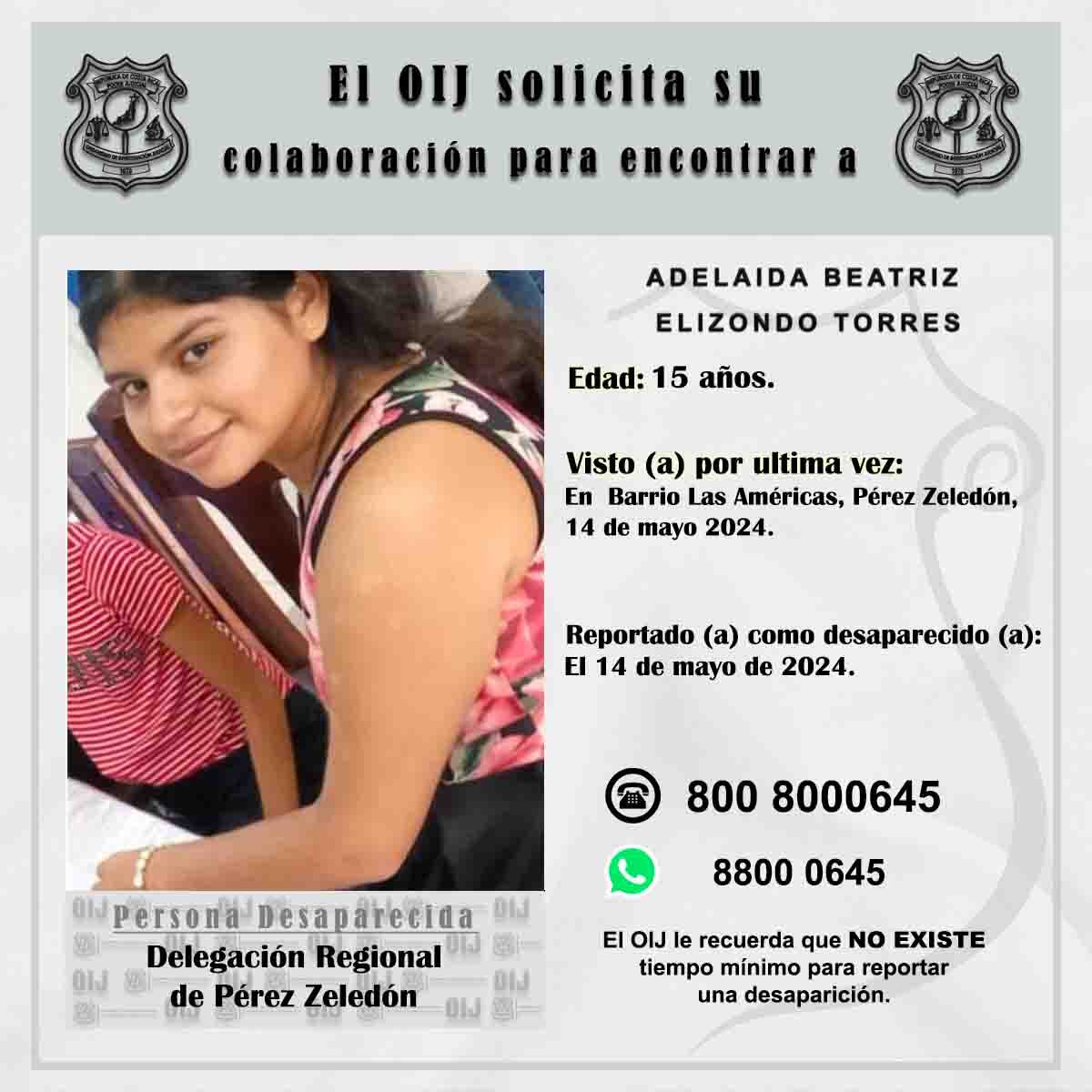 Adelaida está desaparecida desde el pasado 14 de mayo. Foto OIJ.