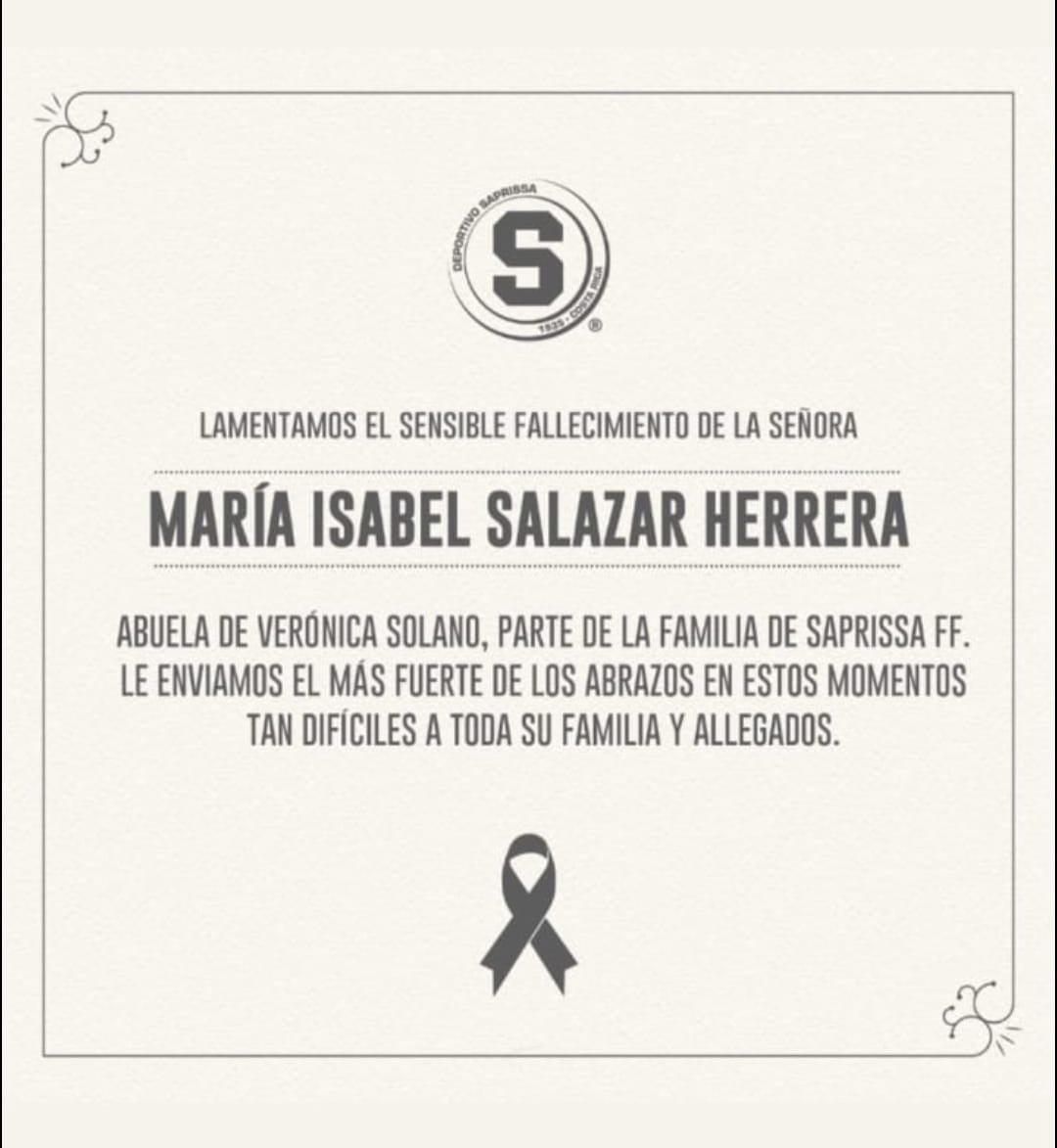 Saprissa publicó las condolencias con la jugadora Verónica Solano por la muerte de su abuela