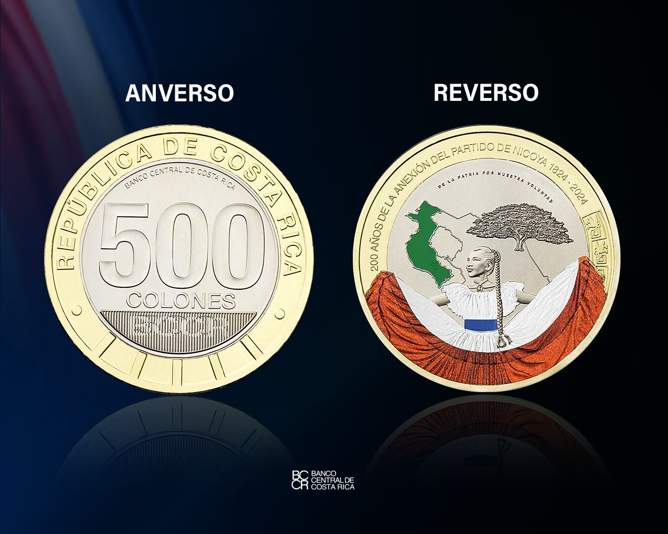 Esta es la moneda de 500 colones conmemorativa del Bicentenario de la Anexión de Guanacaste. Por primera vez en la historia de Costa Rica una moneda tiene a una mujer en su diseño. La mujer que sale es Karla Bustos Villavicencio tiene 18 años, vive en Alajuelita.
