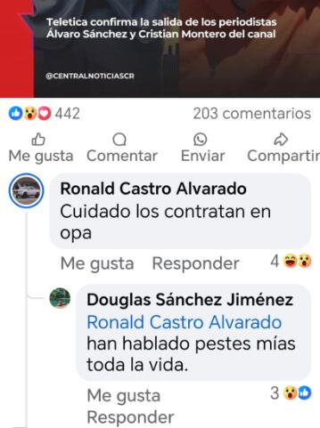 El periodista y director de noticias de ¡Opa!, Douglas Sánchez, le cerró las puertas del canal a Álvaro Sánchez y Christian Montero, a quienes Teletica despidió este viernes por compartir en redes el número telefónico de Rodrigo Chaves.