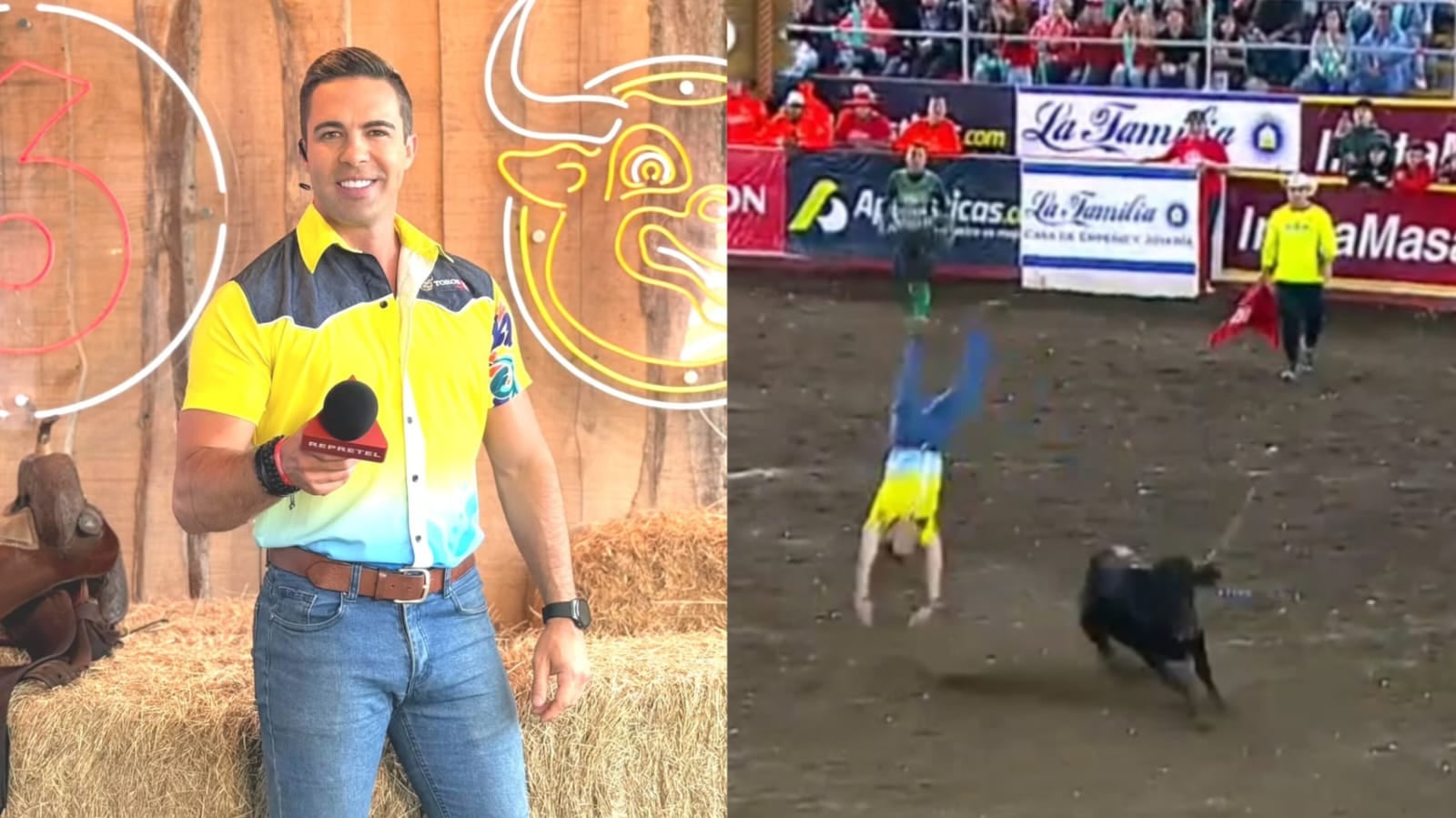 Imagen compuesta del presentador Ítalo Marenco vistiendo una camisa vaquera de color amarillo y sosteniendo un micrófono con una donde se le ve saltando un toro en una plaza.