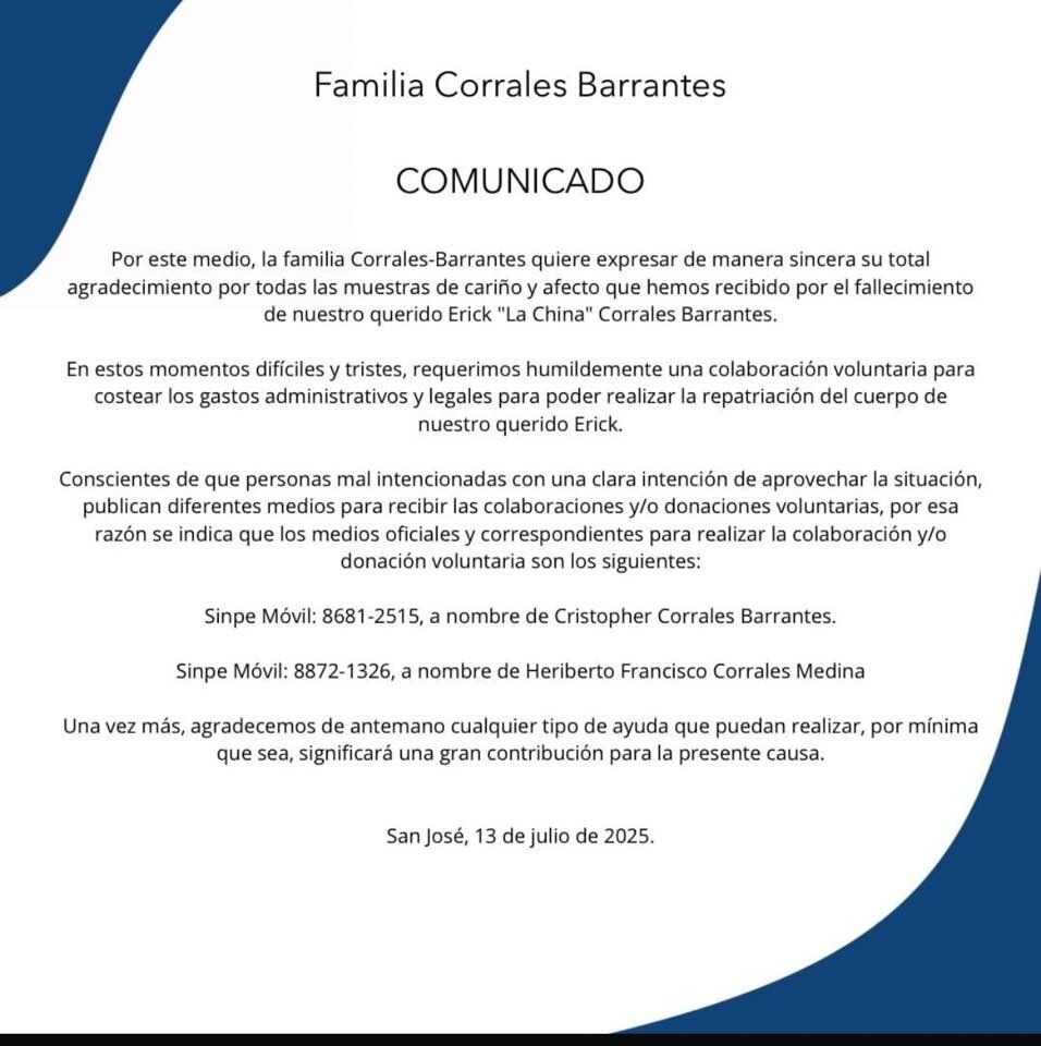 Familia de la China Corrales hace aclaración sobre donaciones tras la muerte del futbolista.
