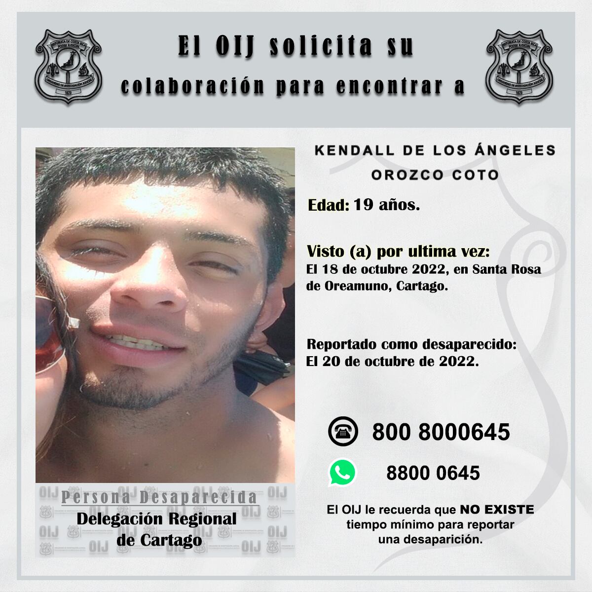 Kendall Orozco fue visto por última vez la noche del pasado martes. Foto OIJ.