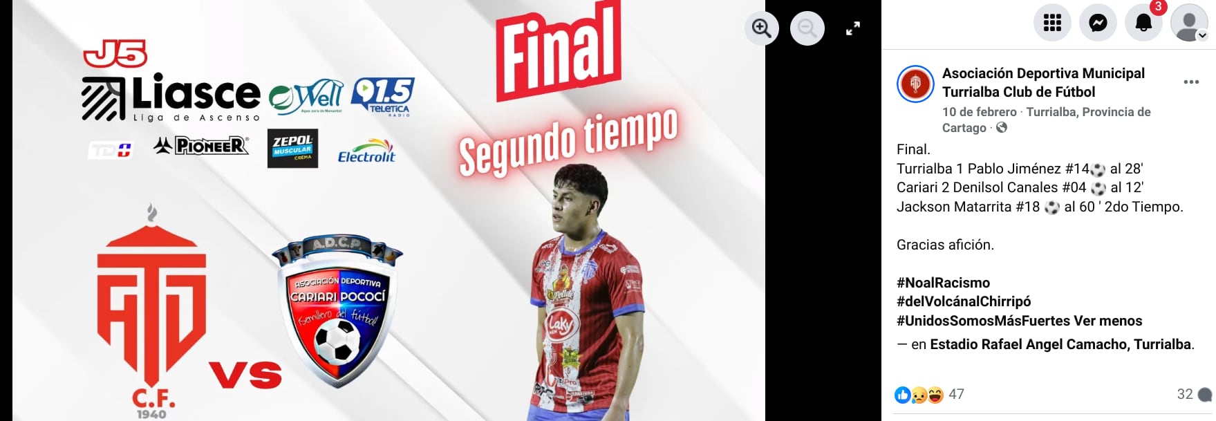 Así informó el club en sus redes sociales, del resultado del partido ante Cariari, del 10 de febrero anterior. Captura de pantalla.