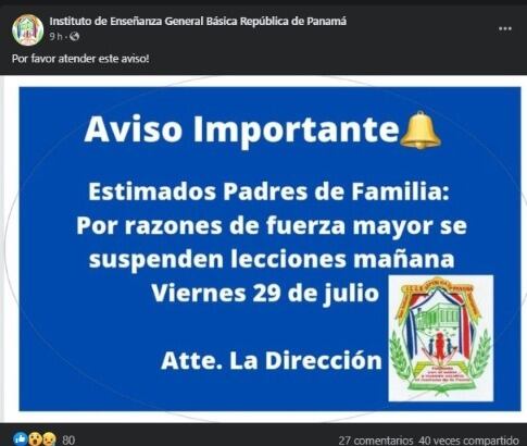 Suspensión de lecciones en el Instituto de Enseñanza General Básica República de Panamá. Foto tomada de Facebook.