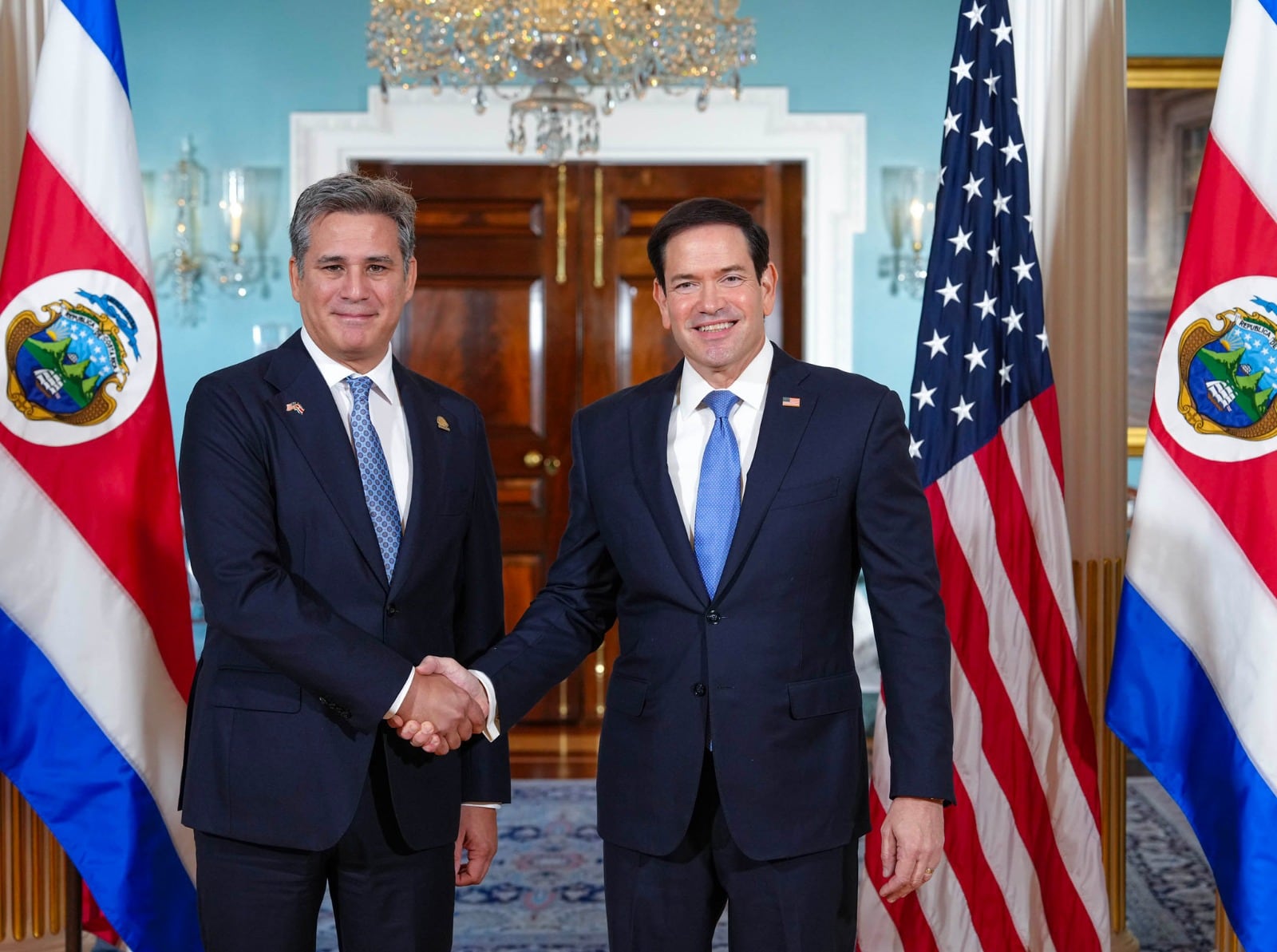 El ministro de Relaciones Exteriores y Culto de Costa Rica, Manuel Tovar, se reunió con el secretario de Estado de Estados Unidos, Marco Antonio Rubio, en Washington D. C.