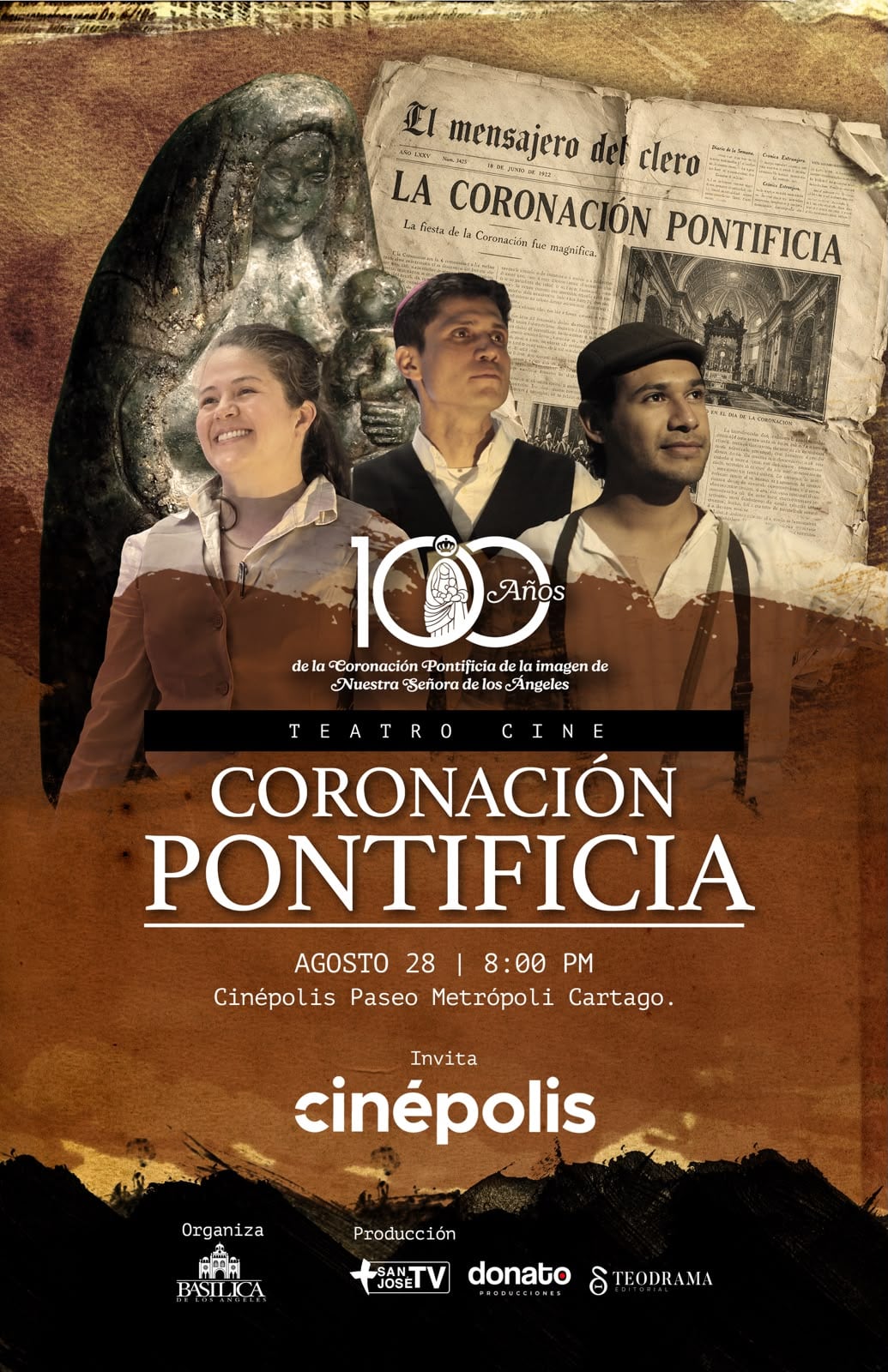 Una producción costarricense llevará a una sala de cine su propuesta teatral mezclada con un lenguaje audiovisual gracias a la alianza de la Basílica de los Ángeles y Cinépolis Paseo Metrópoli.