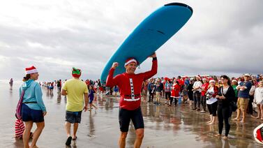 Colachos surfistas toman una playa por diversión y una buena causa
