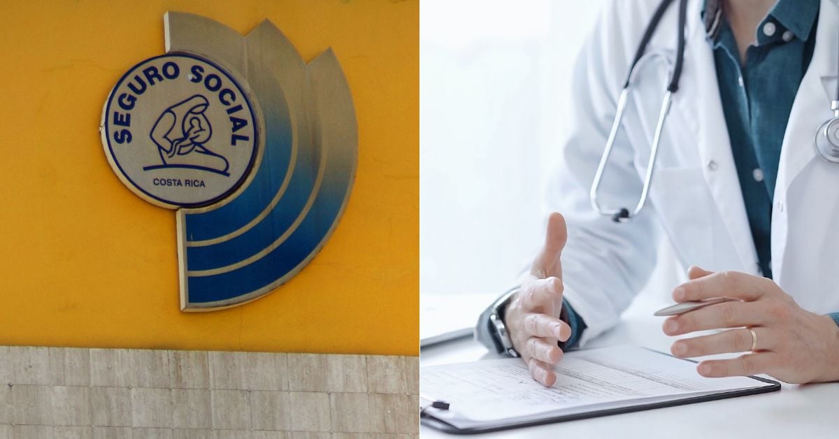 En la imagen la fachada de la CCSS y un médico con una hoja