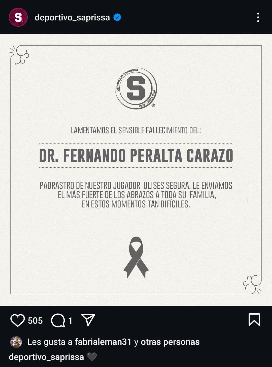 Así comunicó Saprissa el fallecimiento del padrastro de Ulises Segura. Captura de pantalla.