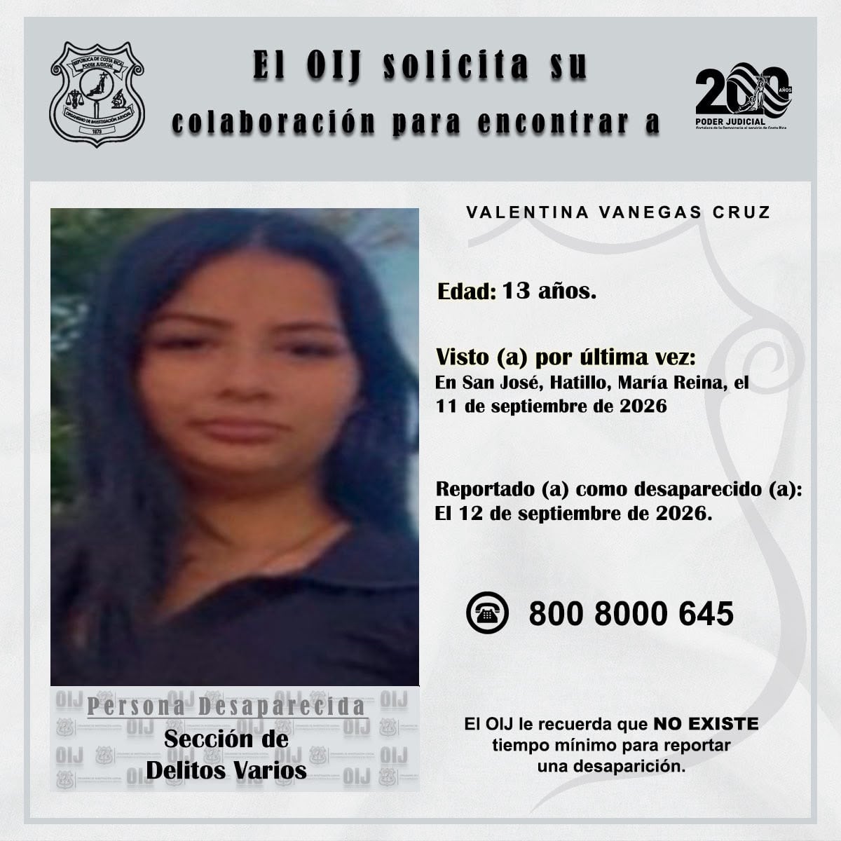 Valentina fue vista por última vez en Hatillo.