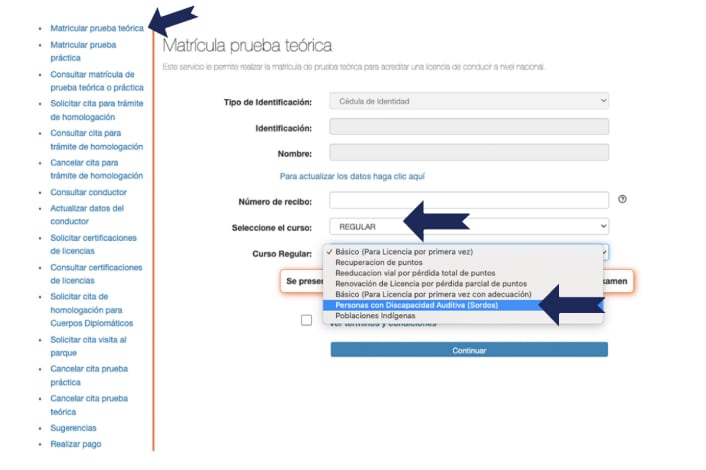 Así se matricula para la prueba teórica en el sitio web de la Dirección General de Educación Vial.