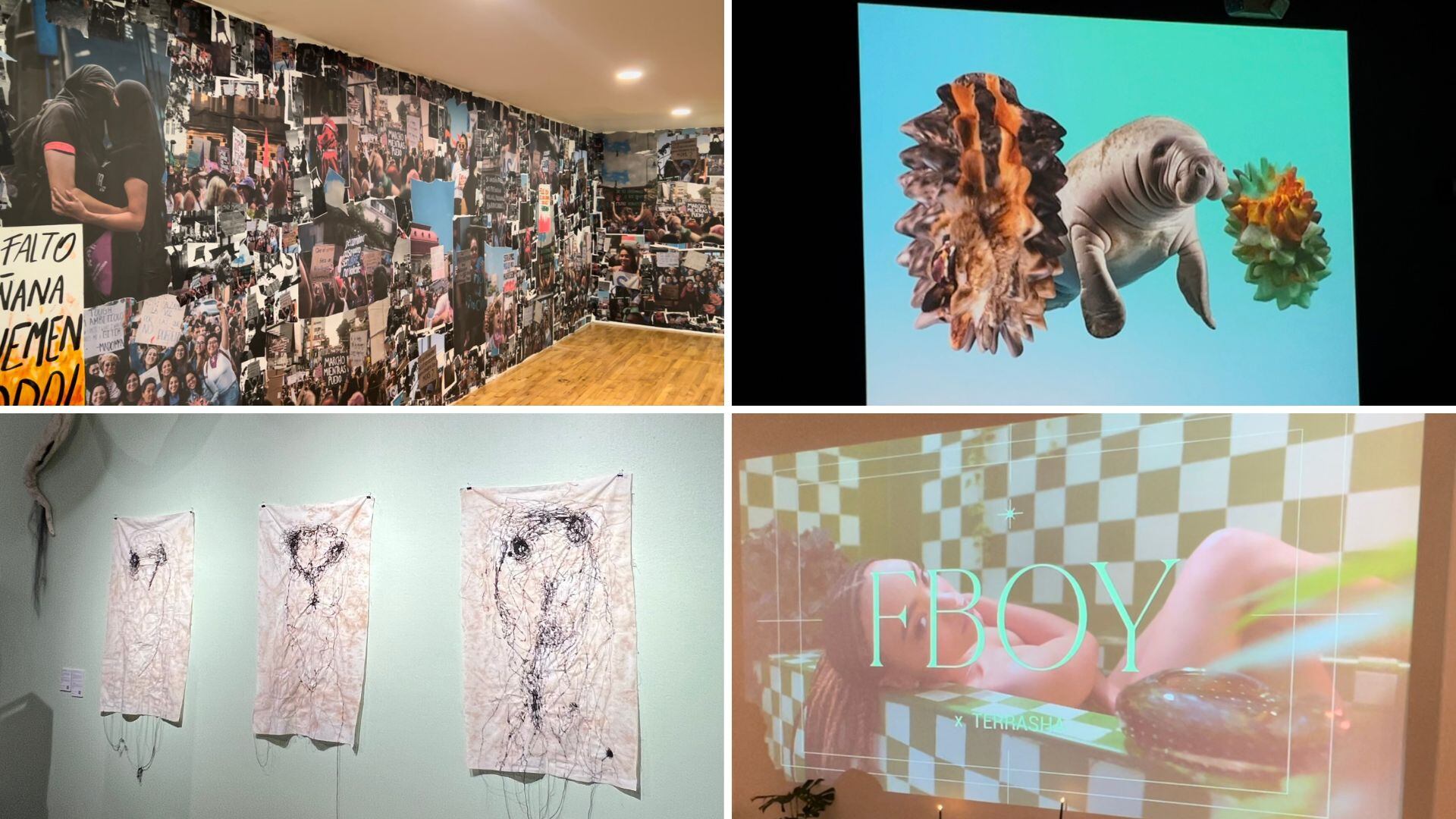 Obras en exhibición de Génesis López; Edwin Godinez y Andrés Gómez; Emma Segura y Leimy de la Rosa y Terrasha Morgan.