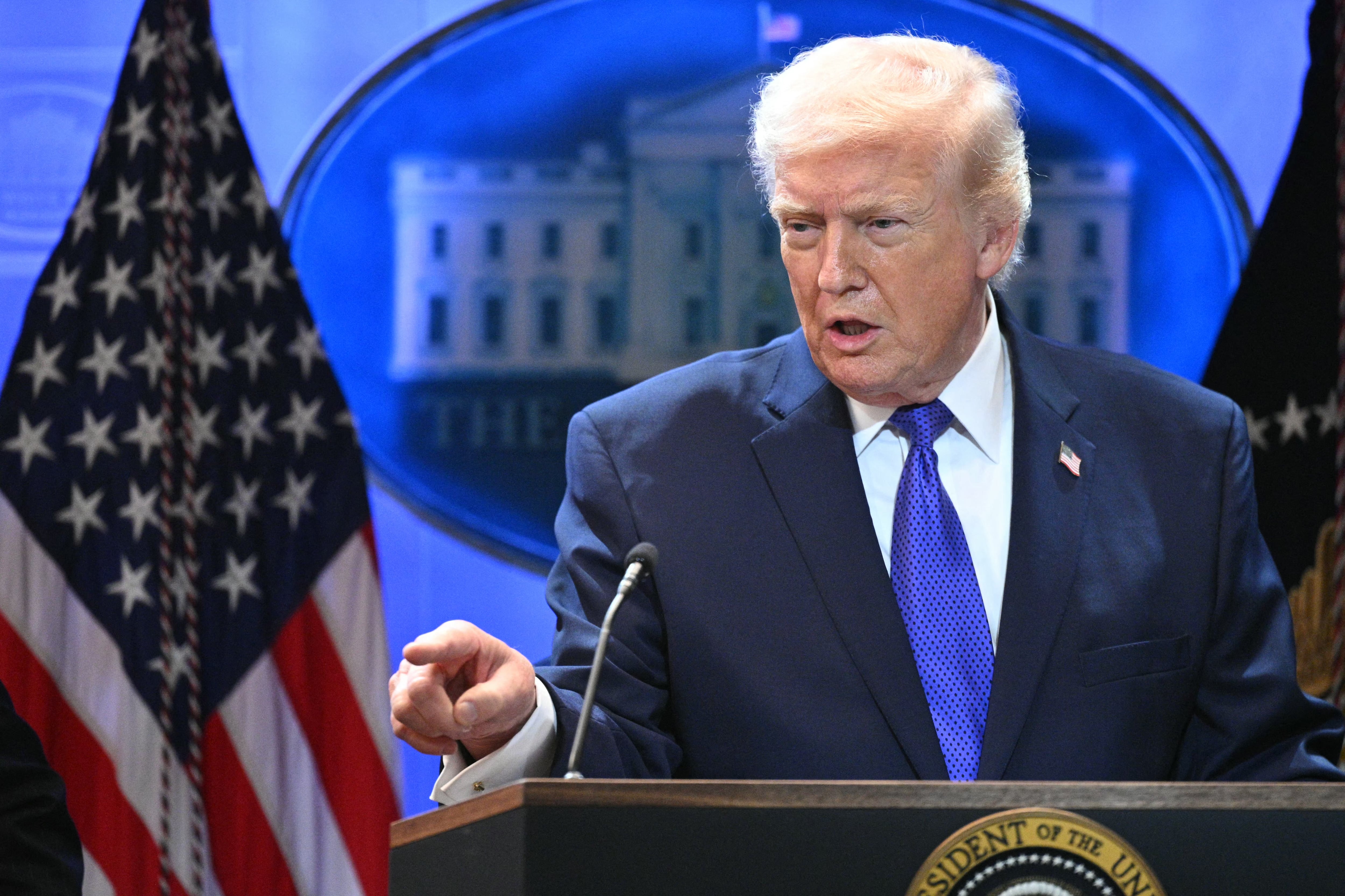 US President Donald Trump speaks during a press conference in the Brady Press Briefing Room of the White House in Washington, DC, on February 20, 2026. US President Donald Trump will hold a press conference Friday to discuss the Supreme Court's ruling against a major part of his tariffs, spokeswoman Karoline Leavitt said. (Photo by Mandel NGAN / AFP)