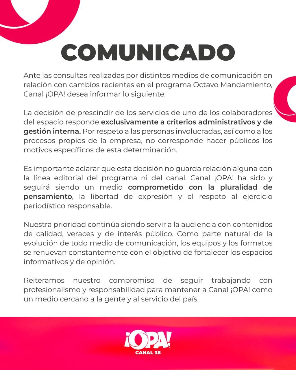 Canal ¡Opa! se refirió a la salida de Douglas Sánchez y Jorge Obando del programa El octavo mandamiento.