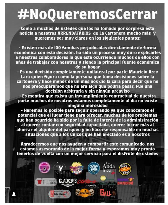 Inquilinos de La Cartonera aseguran que quieren seguir en el mercado gastronómico. Captura de pantalla.