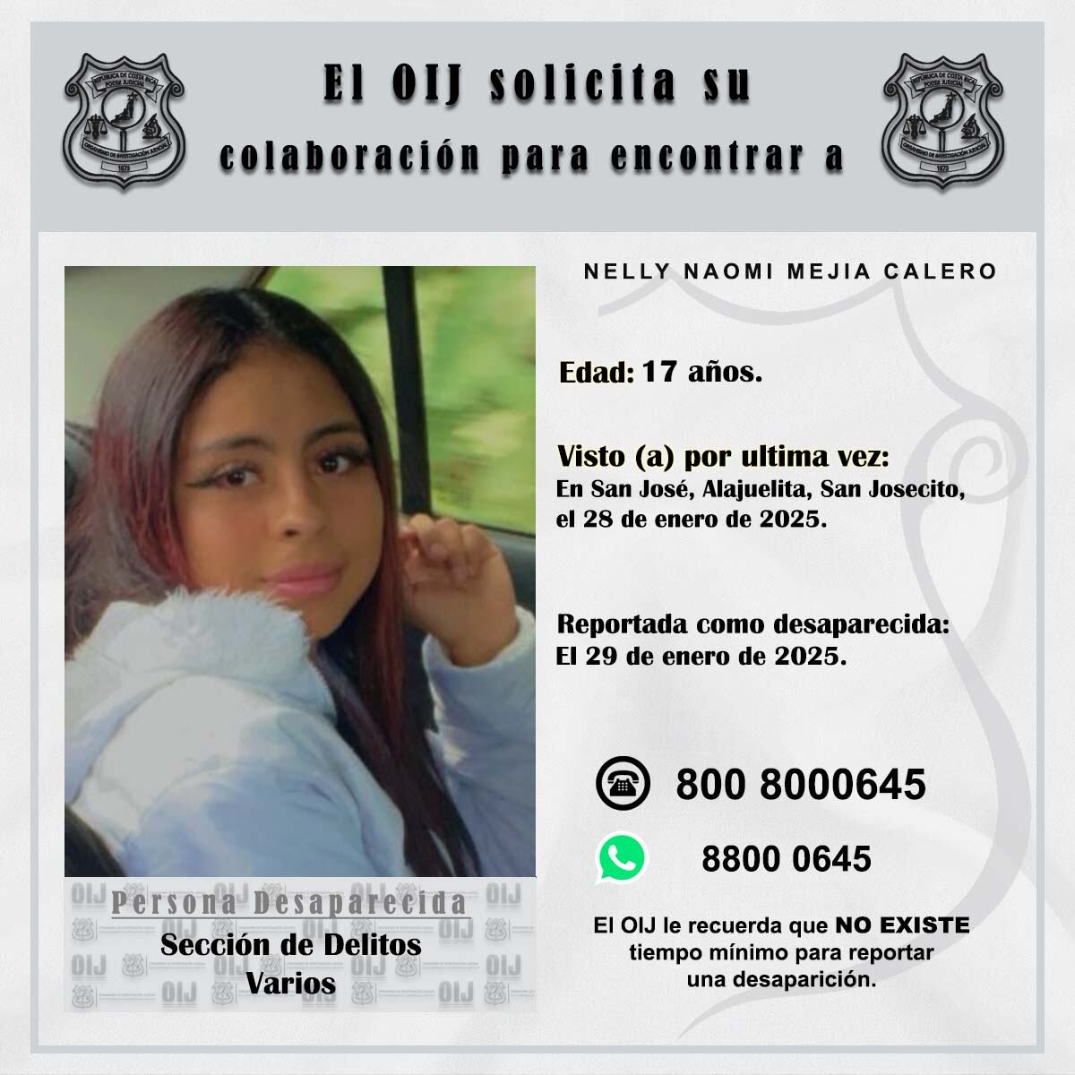 La joven fue vista por última vez el 28 de enero en Alajuelita.